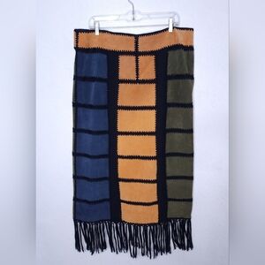Ashley Stewart Leather Wool Boho Patchwork Long Pencil Skirt Fringe Size 16